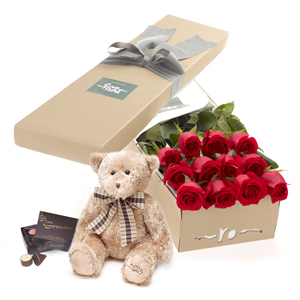 Visit Roses and BONUS Peter Teddy Bear Gift Box