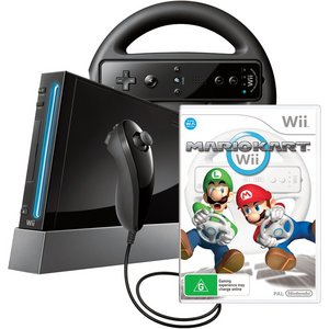 Visit Wii Console - Black + Mario Kart & Wheel