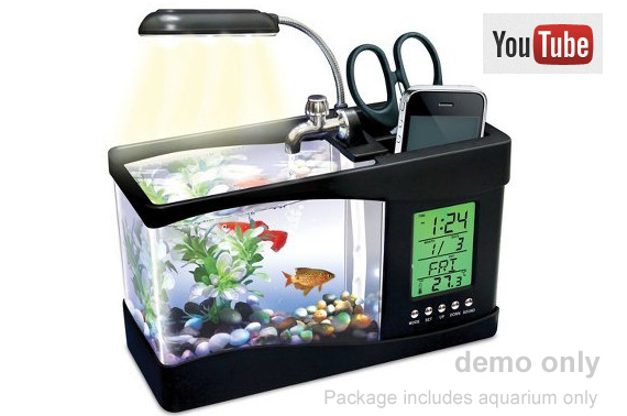 Visit USB Mini Desktop Fish Tank Aquarium with LED Light and LCD Alarm Clock