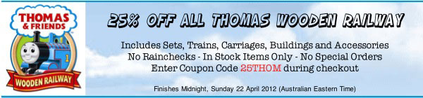 Toys Online coupons: 25% off Thomas Wooden Railways
