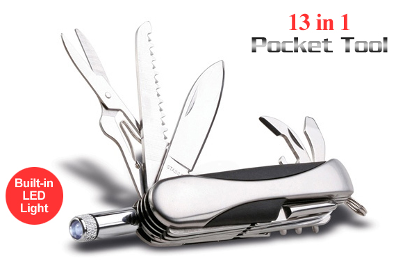 Visit 13-in-1 Stainless Steel Pocket Knife with Built-in LED Flashlight